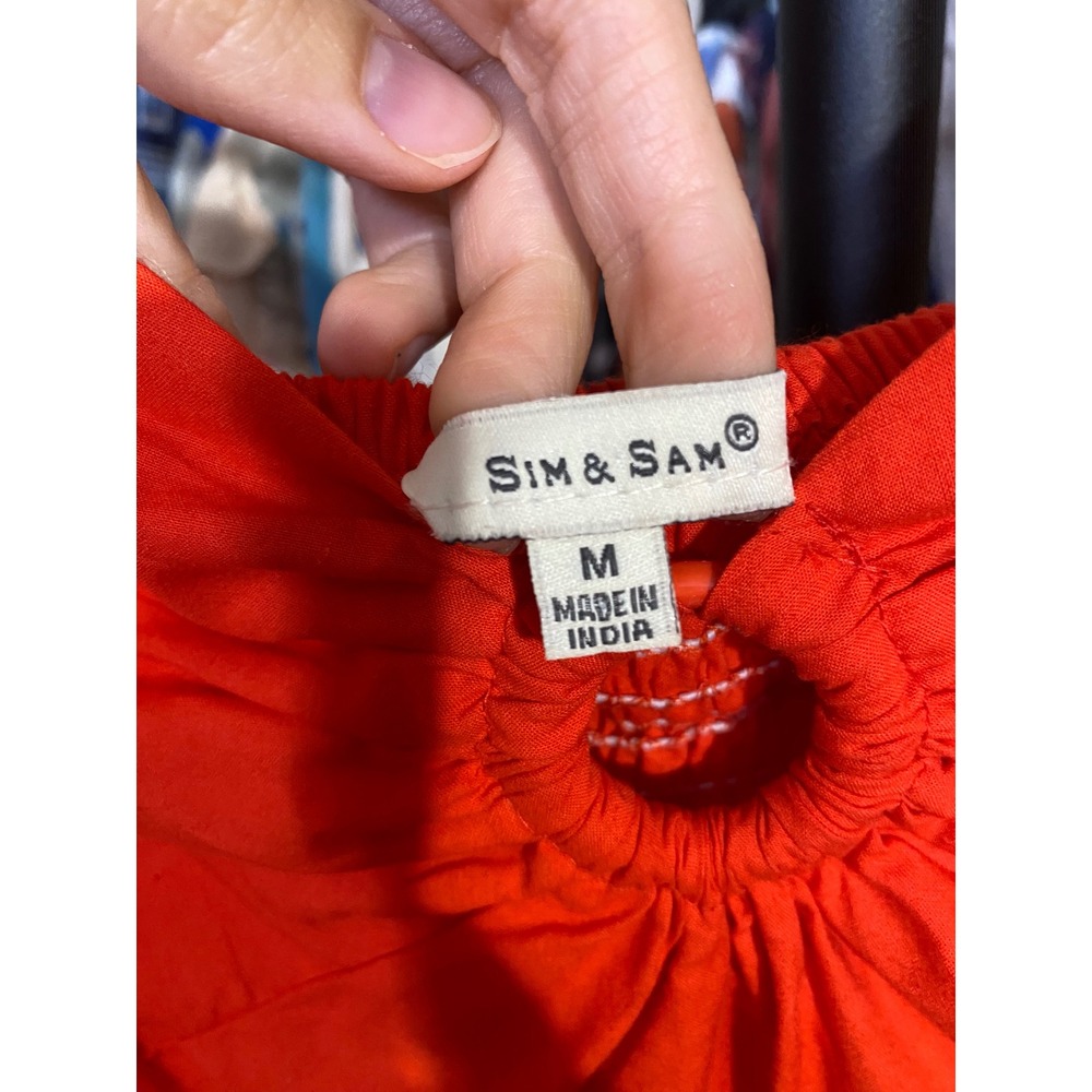 Sim & Sam Orange Red Puff Sleeve Ring Detail Smocked Back Crop Top Medium - Picture 4 of 4